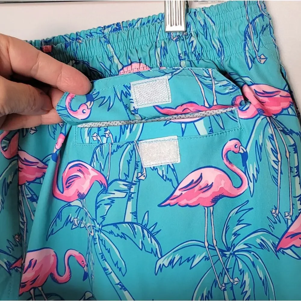 Hot Coals Mens Lined Board Shorts or Swim Trunks Tropical Teal Flamingos Sz: XL